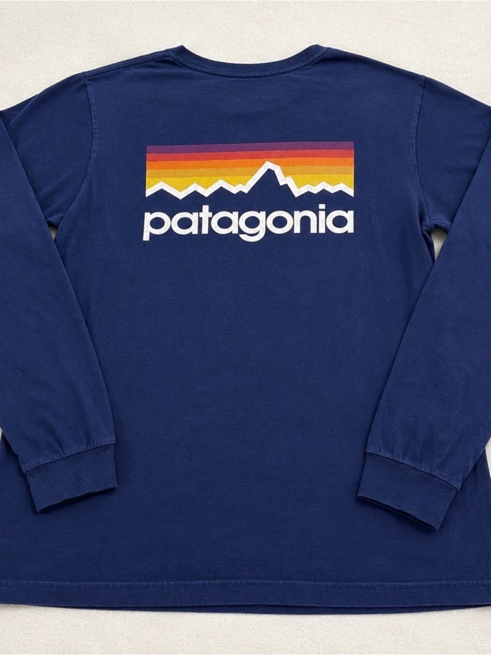 Patagonia Navy Long Sleeve Tee with Sunset Stripe Logo